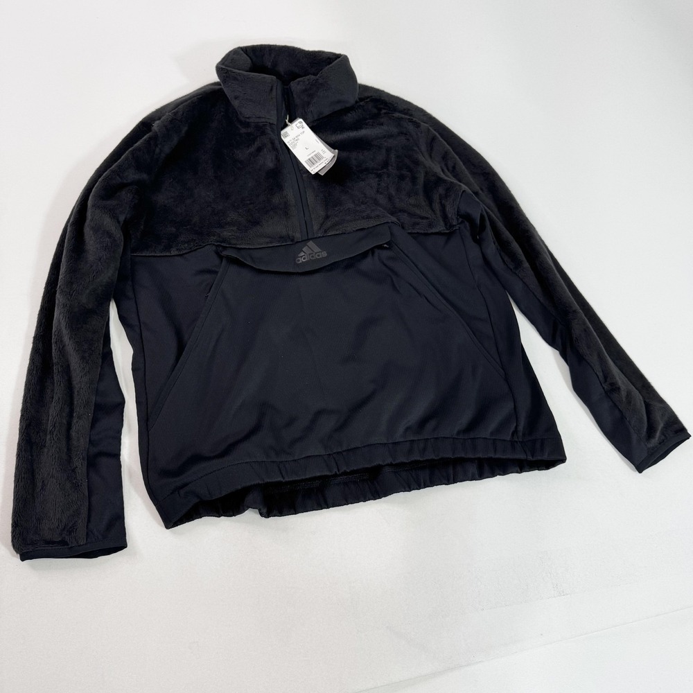 Adidas Jacket Womens Large Black Fleece 1/4 Zip Kangaroo Pocket Pullover Top